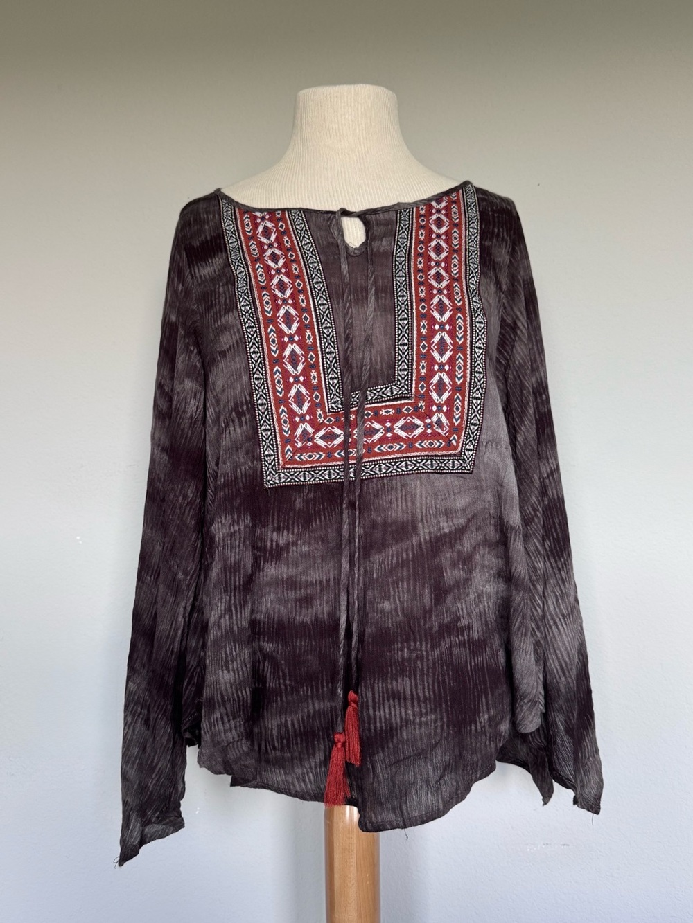 Easel Black Tunic Top with Red Embroidered Yoke